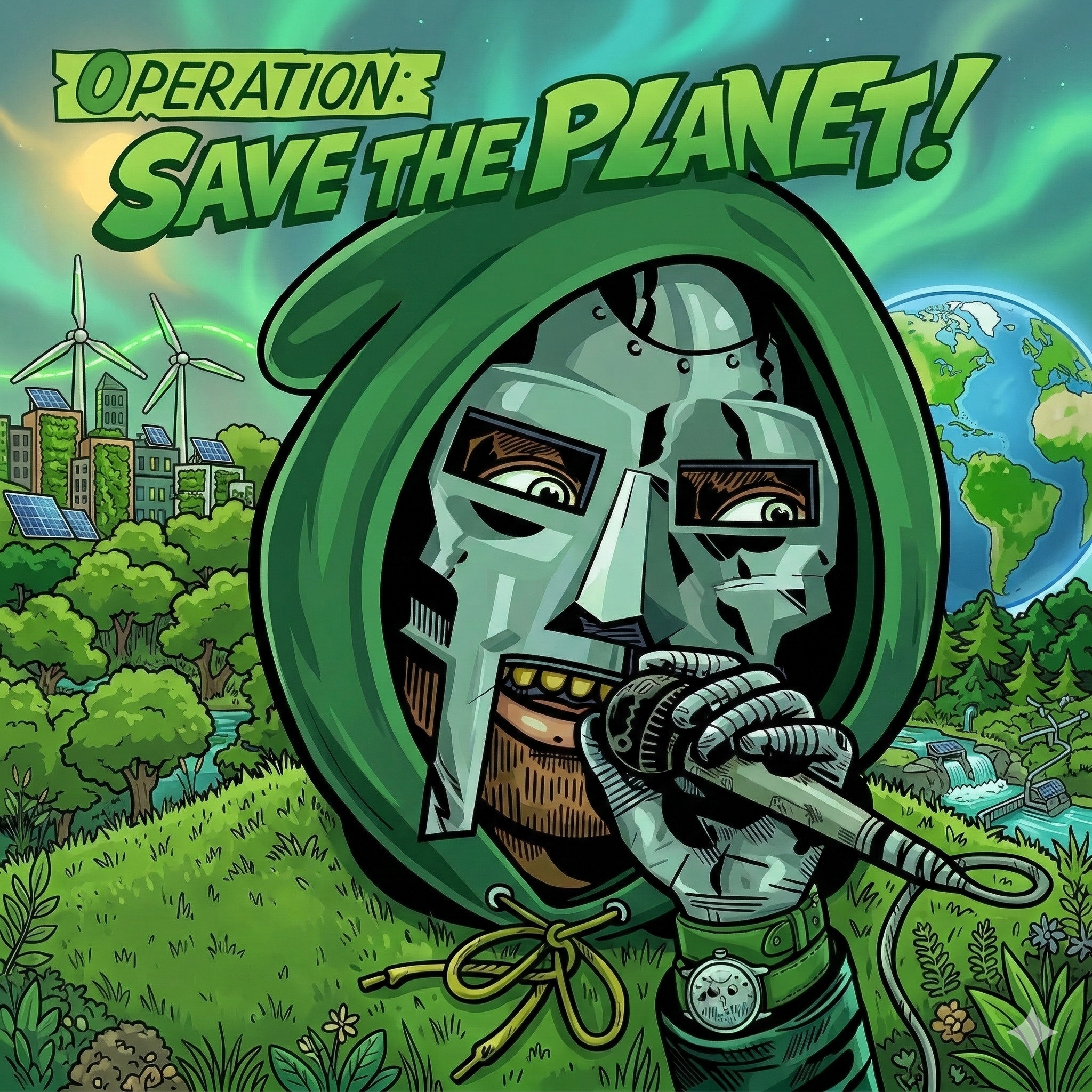 Operation: Save The Planet — illustrated green world and masked musician